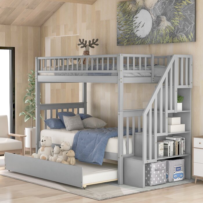 Tempat Tidur Susun Kayu Solid dengan Rak Buku