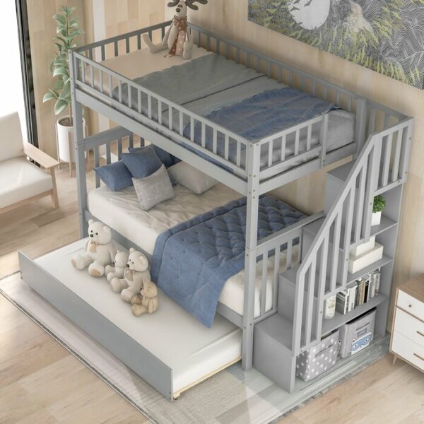 Tempat Tidur Susun Kayu Solid dengan Rak Buku